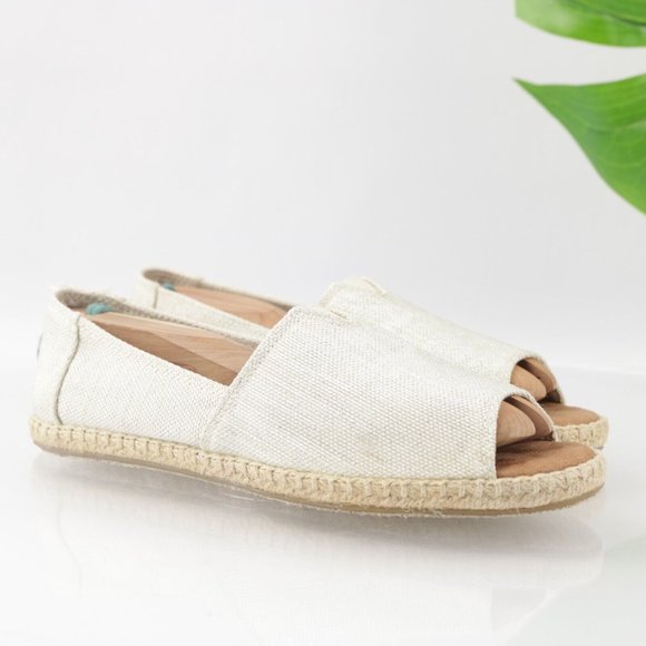 Toms Shoes - TOMS Women's Alpargata Open Toe Flats Size 7.5 Slip On Beige Linen Boho Shoe